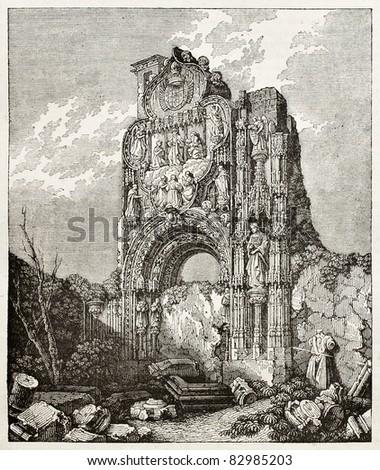 Ruins of the Usrsuline convent in Burgos, Spain. Created by Wiesner, published on Magasin Pittoresque, Paris, 1840