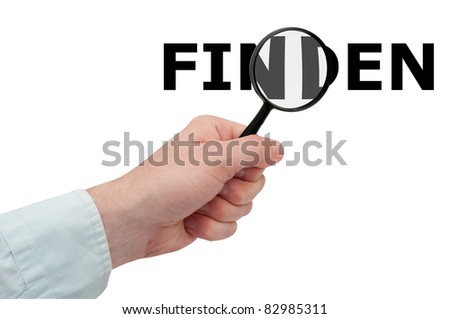 Searching - Man's Hand Holding Magnifying Glass and Search / Finden Sign - German Version