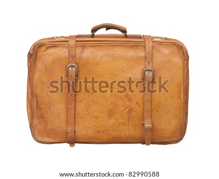 Isolated old and weathered leather suitcase standing Royalty-Free Stock Photo #82990588