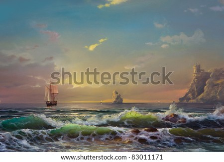 Oil painting on canvas , sailboat against a background of sea sunset