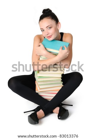 Glamorous young student girl with books on white background, education concept