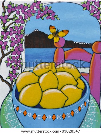 Painting of a bowl of lemons on the island of Santorini in Greece