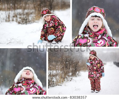 Adorable child girl winter time collage, set of 4 pictures