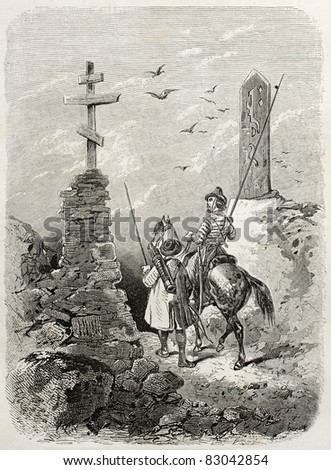 Boundary posts between Yacutsk region and China, old illustration. Created by Adam after Folk, published on Le Tour du Monde, Paris, 1860