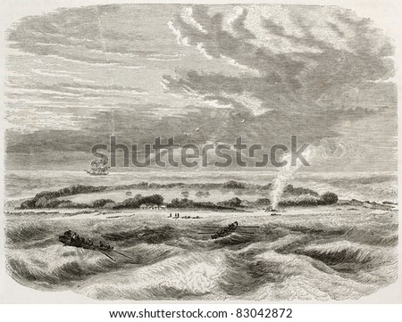 Witsunday island old view, coral atoll. Created by De Berard, published on Le Tour du Monde, Paris, 1860