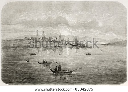 Okhotsk port old view, Russia. Created by Adam after Billings, published on Le Tour du Monde, Paris, 1860