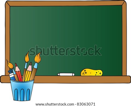 Pot With Pencils And Paintbrushes In Front Of A Chalkboard