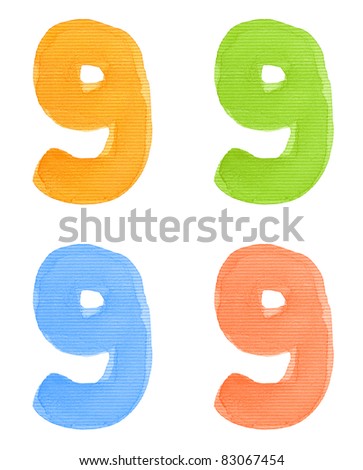 Watercolor alphabet number, different colors, isolated.