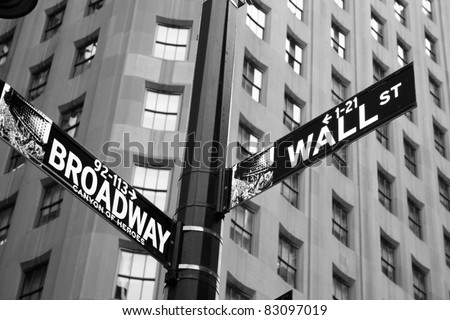 Street signs indicating the intersection of Wall Street and Broadway. Royalty-Free Stock Photo #83097019