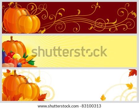 Three color banners with pumpkins, vegetables and leaves on abstract background for web design