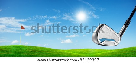 View of a golf course in sunny day. Panoramic composition.
