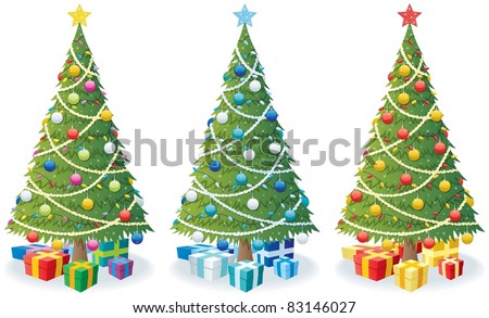Cartoon illustration of Christmas tree in 3 color versions.