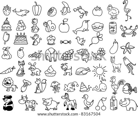 Cartoon icons of animals, food