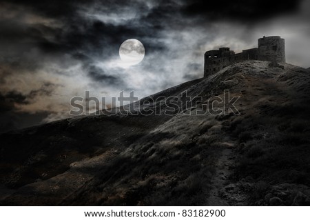 Night, moon and dark fortress black and white halloween theme