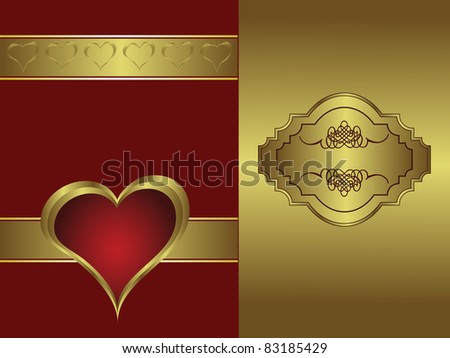 A vector valentines background with a   gold heart on a deep red backdrop  with a gold plaque and  room for text