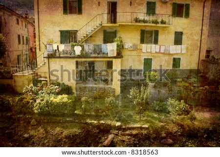 Artistic work of my own in retro style - Postcard from Italy. - Country garden near the river - Tuscany