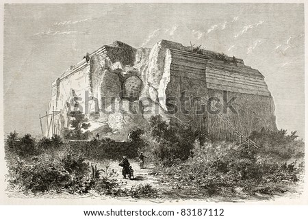 Mingun Pahtodawgyi old illustration, incompleted stupa (Buddhist reliquary) in Sagaing region, central Burma. Created by Girardet after Yule, published on Le Tour du Monde, Paris, 1860