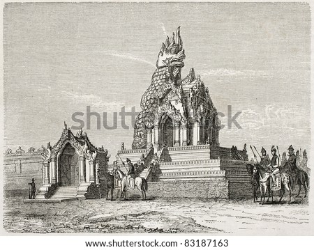 Dragon temple old illustration, Amarapura, Burma. Created by Lancelot after Yule, published on Le Tour du Monde, Paris, 1860