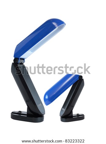 Two blue desk lamps like a parent and child on white background
