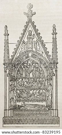 King Dagobert Tomb in the Basilica Saint Denis, old illustration, Paris surroundings. By unidentified author, published on Magasin Pittoresque, Paris, 1840