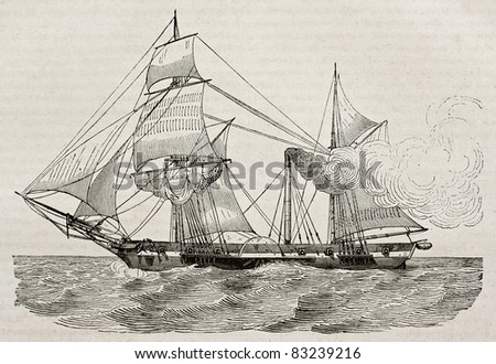 Steamer old illustration. By unidentified author, published on Magasin Pittoresque, Paris, 1840