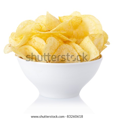 Potato chips bowl isolated on white, clipping path included Royalty-Free Stock Photo #83260618
