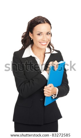 Portrait of young happy smiling business woman with blue folder, isolated on white background