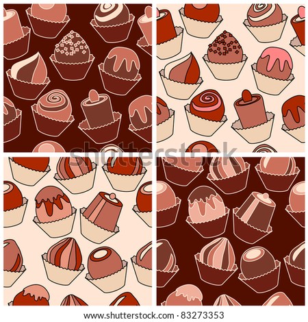 Seamless pattern with different chocolate sweets. Four variants of shape and color.