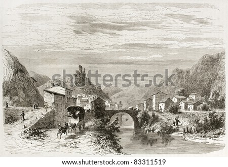Pontaix old view, France. Created by Girardet after Muston, published on Le Tour du Monde, Paris, 1860