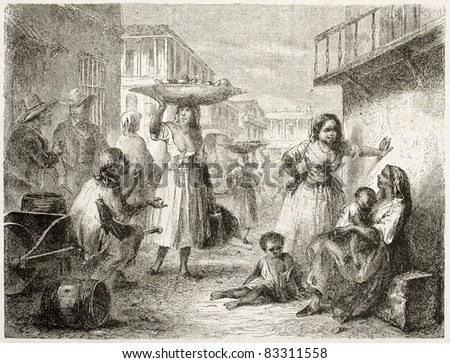 People on street, Havana. Created by Pottin, published on Le Tour du Monde, Paris, 1860