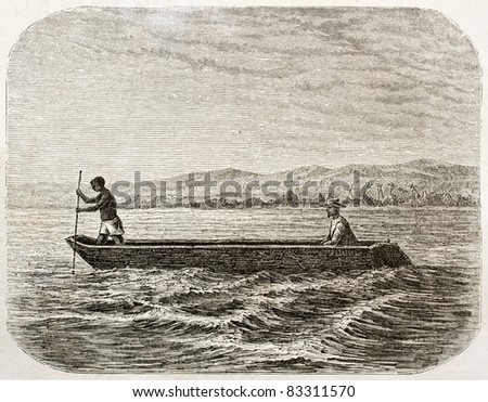 Boatman and passenger on lake Tanganyika, old illustration. Created by Lavieille after Burton, published on Le Tour du Monde, Paris, 1860