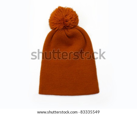 New Orange Knit Wool Hat with Pom Pom isolated on white background