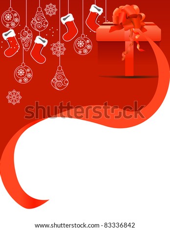 Christmas greeting card with gift box and hanging santa socks
