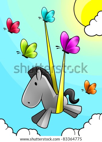 Illustration of a Butterflies set free a baby horse , flying in the sky