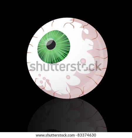 Spooky green eyeball on black background with reflection