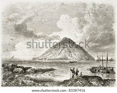 Stromboli island old view, Italy. Created by Rouargue, published on Le Tour du Monde, Paris, 1860