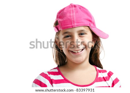 Portrait of a cute latin girl wearing a pink baseball cap backwards isolated on a white background