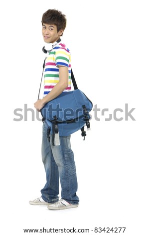 young casual student with backpack with headphones over white background