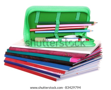 pencil case and Colorful ring bound books that are isolated on white Background.