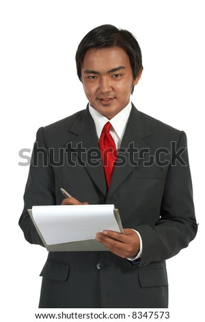 a man looking at a folder over a white background