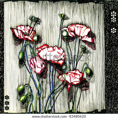 Painted Indian ink and watercolor red poppies