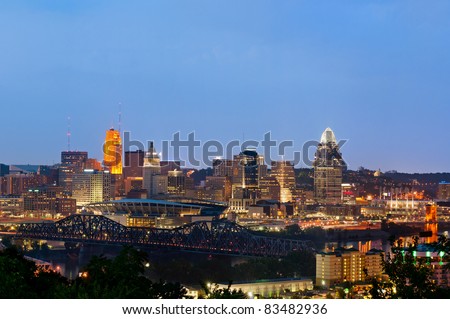 Cincinnati skyline. Aerial view of Cincinnati downtown at twilight.