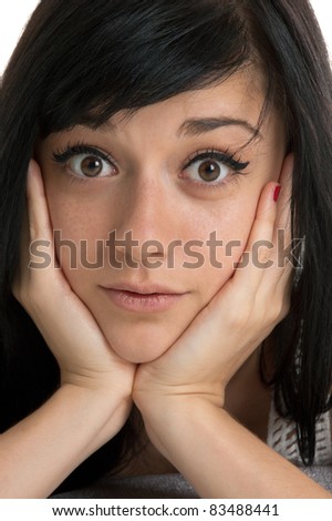 Beautiful brunette girl with a surprised expression on her face  close-up