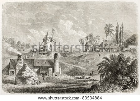 Sugar factory in Guadeloupe, old illustration. Created by De Berard, published on Le Tour du Monde, Paris, 1860