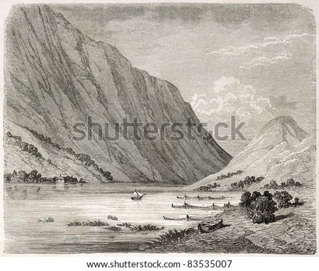 Bandak lake old view, Norway. Created by Dore after Riant, published on Le Tour du Monde, Paris, 1860