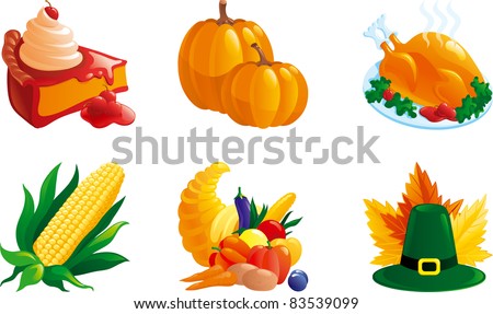 set of illustrations for thanksgiving. Corn, pie, Turkey-cock, pumpkin. Cornucopia, hat and leaves.