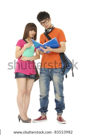 Full two Smiling Casual Dressed College Student on Isolated White Background