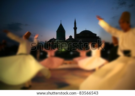 Mevlana dervishes dancing in the museum, konya Royalty-Free Stock Photo #83566543