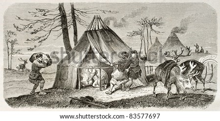 Tungusic encampment old illustration. Created by Adam after Sarytchew, published on Le Tour du Monde, Paris, 1860
