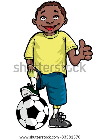 Cartoon of a black boy with a soccer ball. Isolated